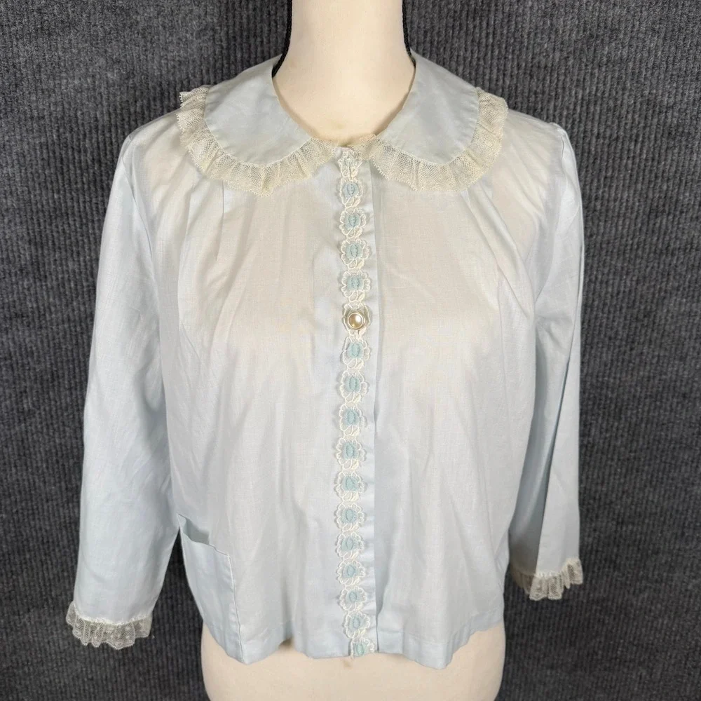 VTG 50s 60s Bed Jacket Sz M Blue Lace Trim Peter Pan Collar Embroidered Coquette